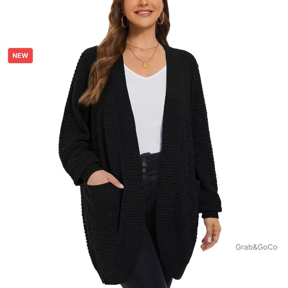 Oversized Long Cardigan Waffle Knit Ribbed Sleeves Open Front Pockets
